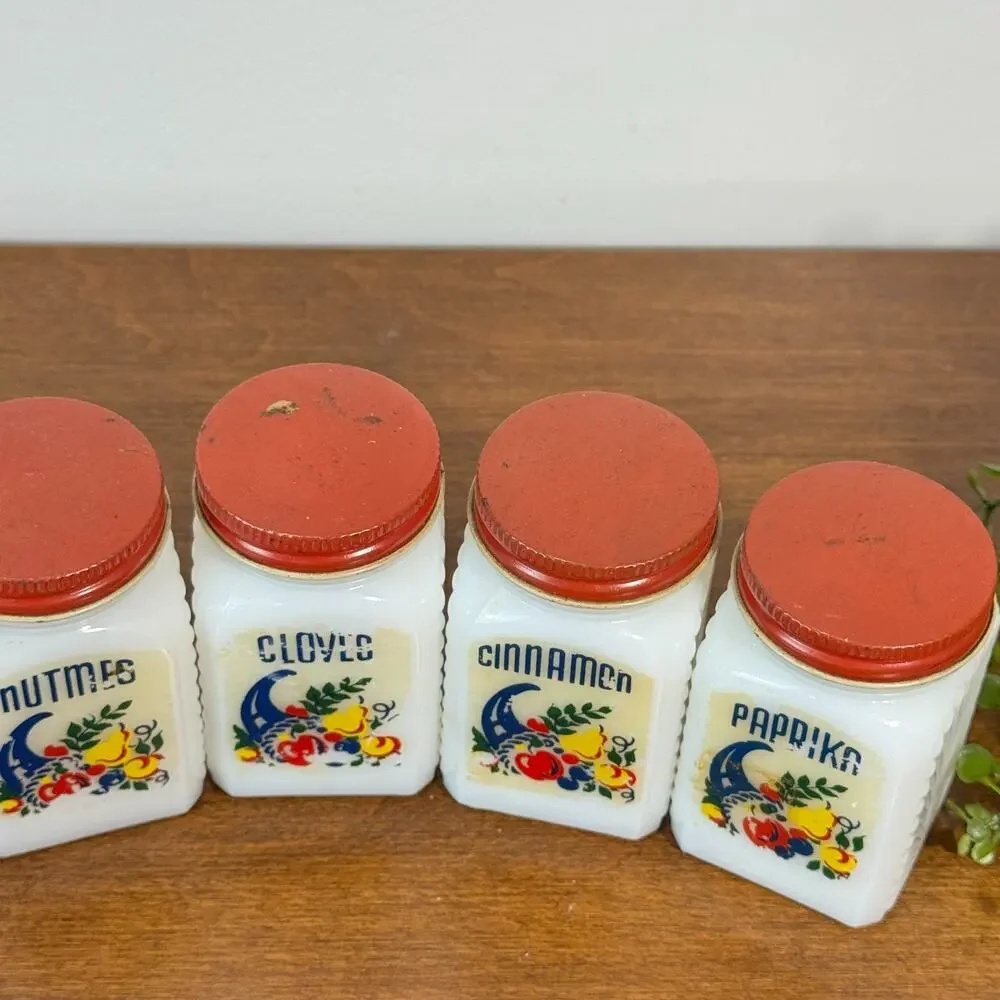 Vintage Frank Tea Spice Co Dove Milk Glass Spice Jar Set Cornucopia Red Lids 5pc